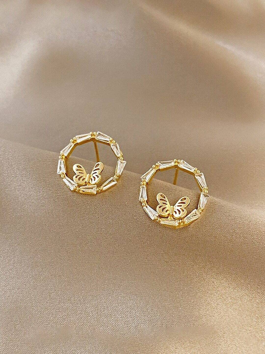 

Yellow Chimes Gold-Plated & White Butterfly Circular Studs Earrings