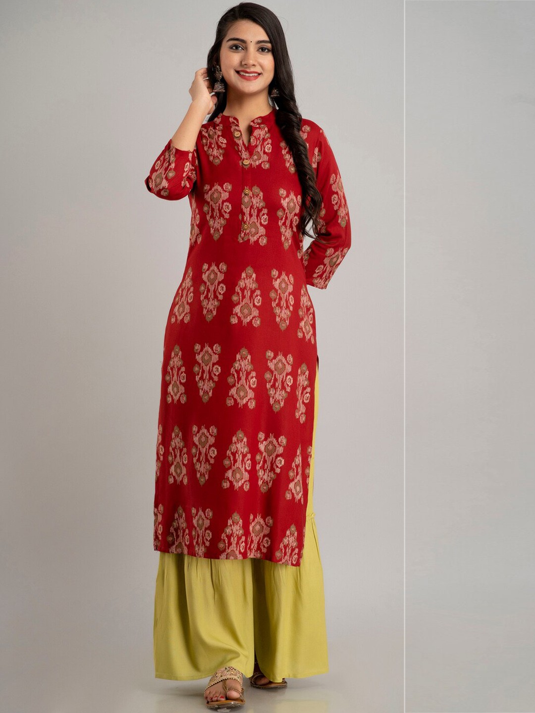 

MAUKA Women Maroon Ethnic Motifs Printed Viscose Rayon Straight Kurta with Sharara