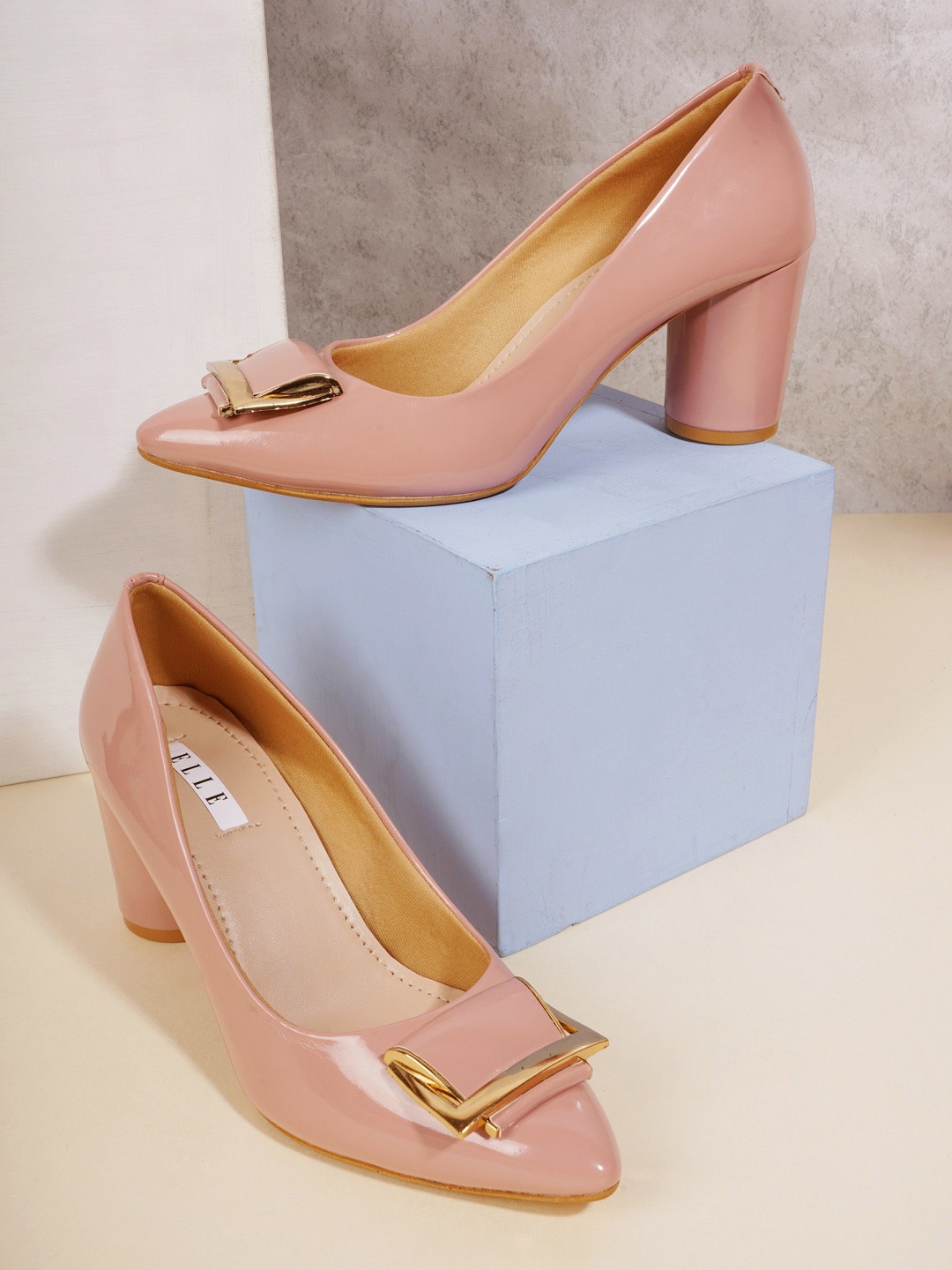 

ELLE Peach-Coloured Block Pumps with Buckles