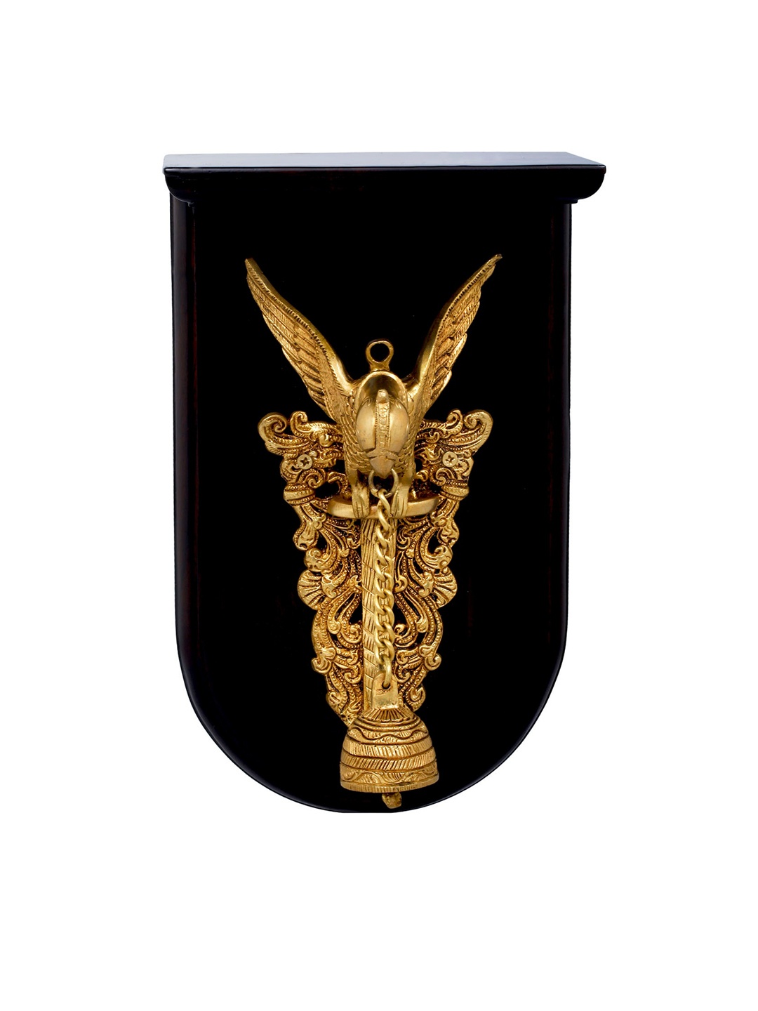 

Exotic India Parrot with Bell Wall Hanging in Brass and Wood, Gold