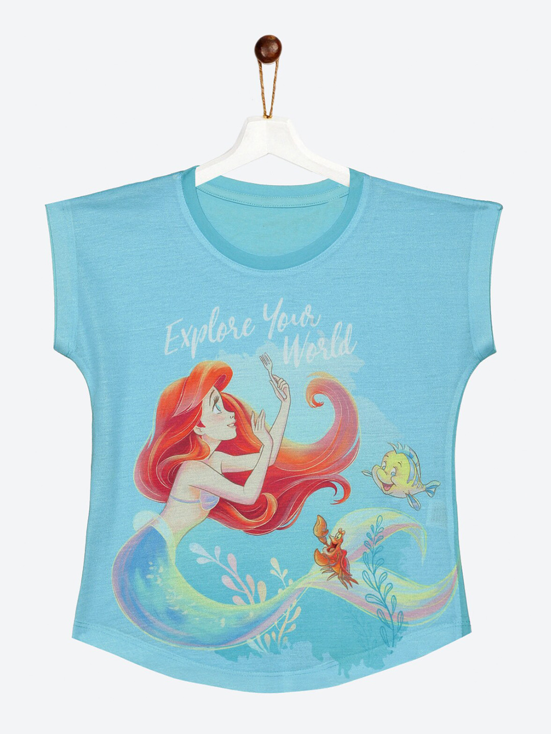 

YK Disney Girls Little Mermaid Ariel Print Short Sleeves Cotton Top, Blue
