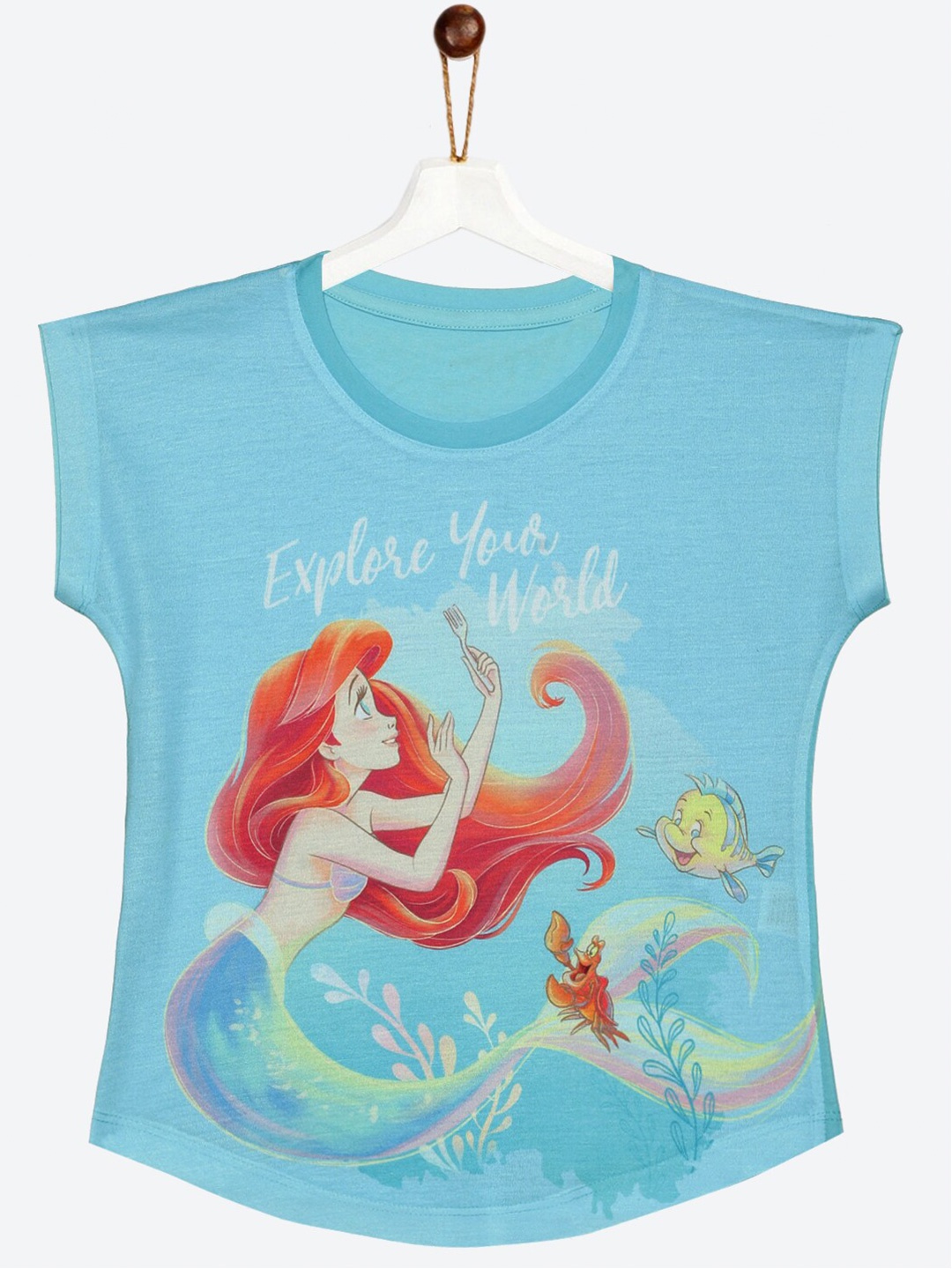 

YK Disney Girls Blue little Mermaid Ariel Print Short Sleeves Cotton Top