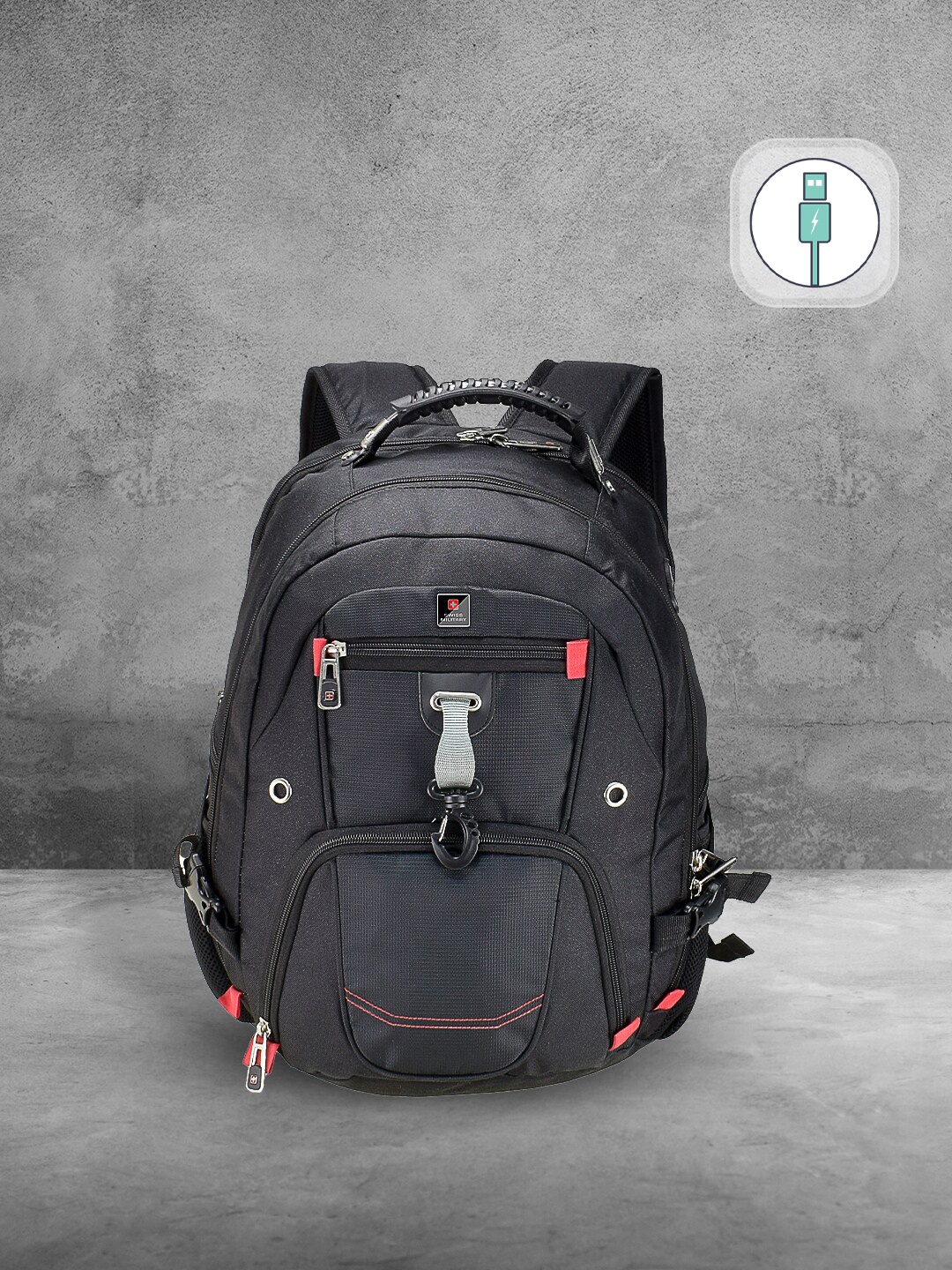 

SWISS MILITARY Unisex Black Backpack with USB Charging Port
