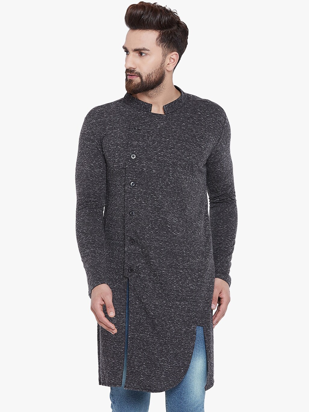 

Hypernation Men Charcoal Mandarin Collar Knitted Kurta