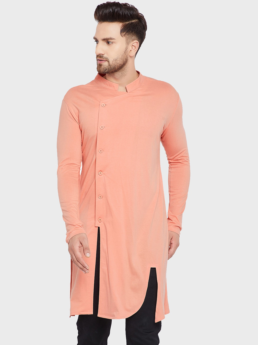 

Hypernation Men Solid Peach-Coloured Pure Cotton Kurta