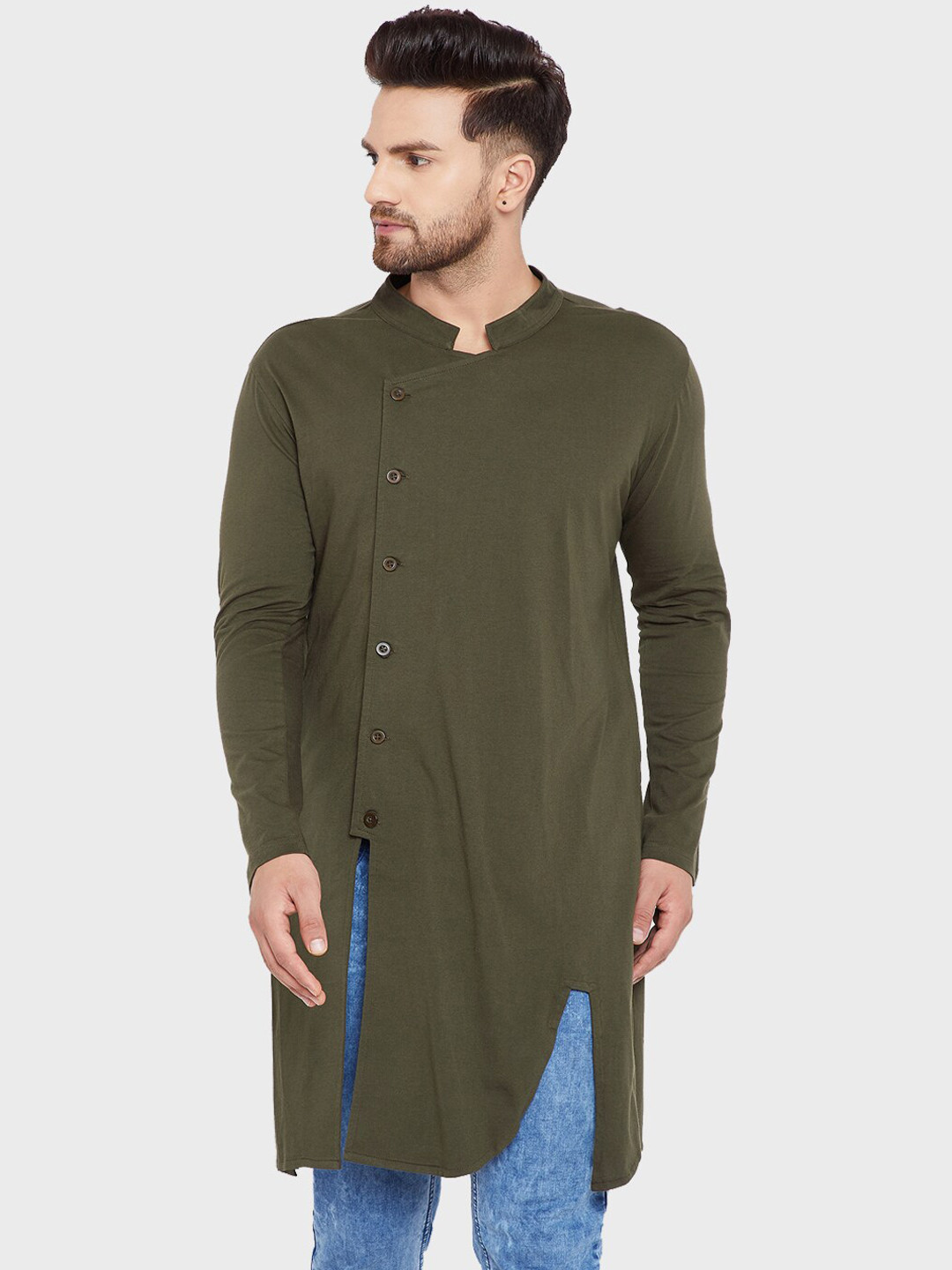 

Hypernation Men Olive Green Mandarin collar Knitted Kurta