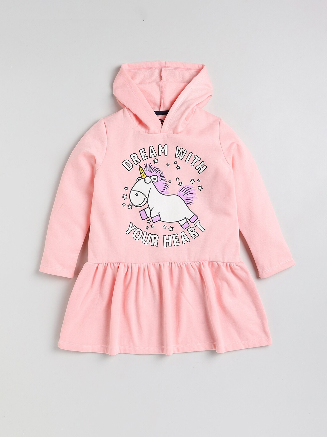 

YK Girls Pink Unicorn Printed Hooded Fleece Sweatshirt Dress, Peach