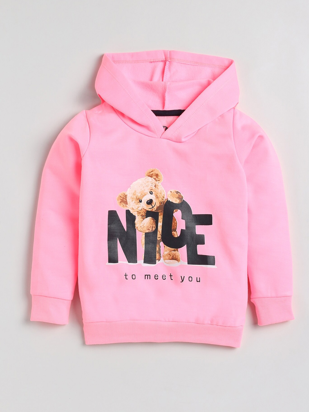 

YK Girls Pink Teddy Bear with Typography Printed Hooded Fleece Sweatshirt