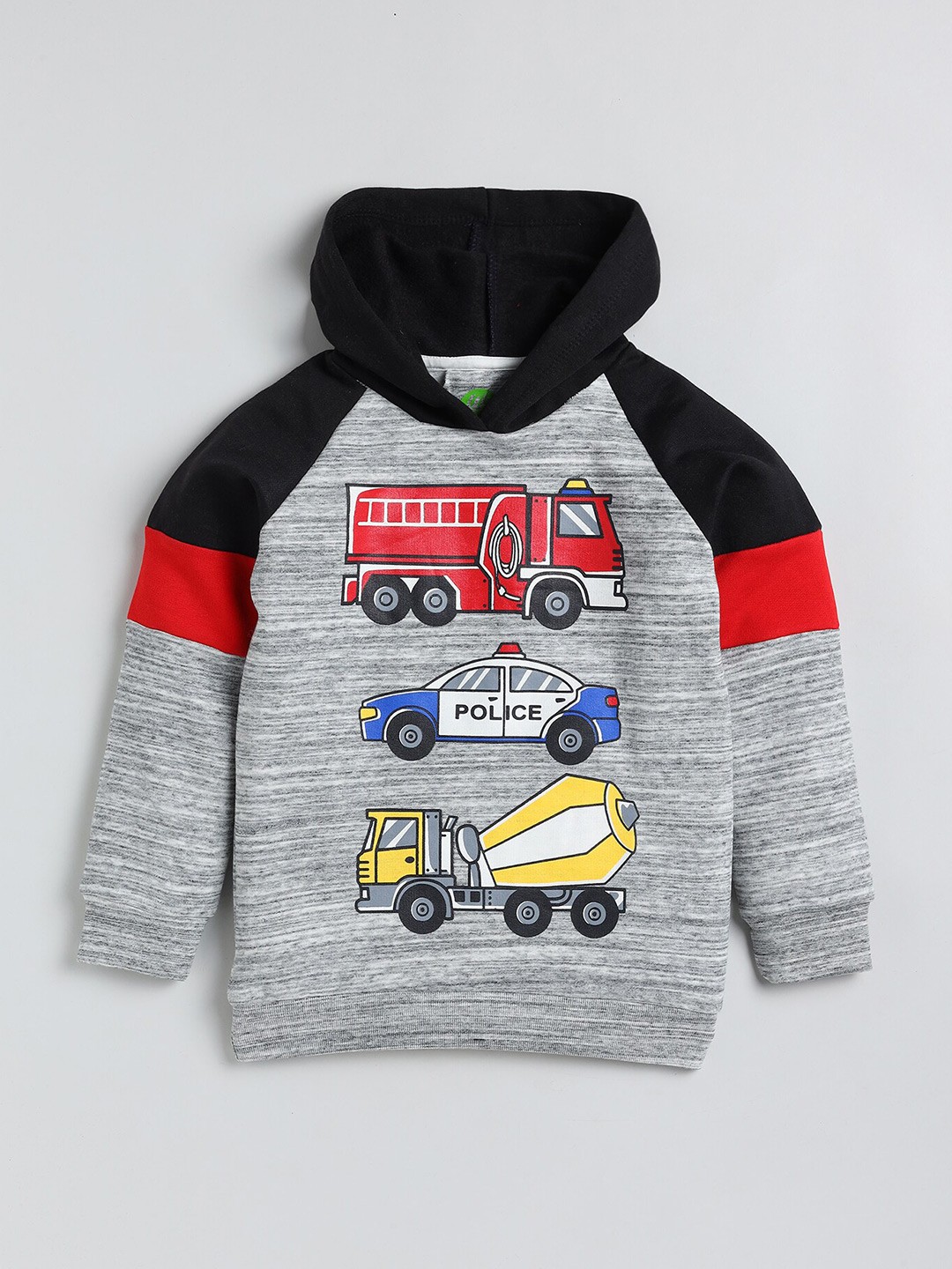 

YK Boys Black & Grey Car Printed Coloure-blocked Hooded Fleece Sweatshirt