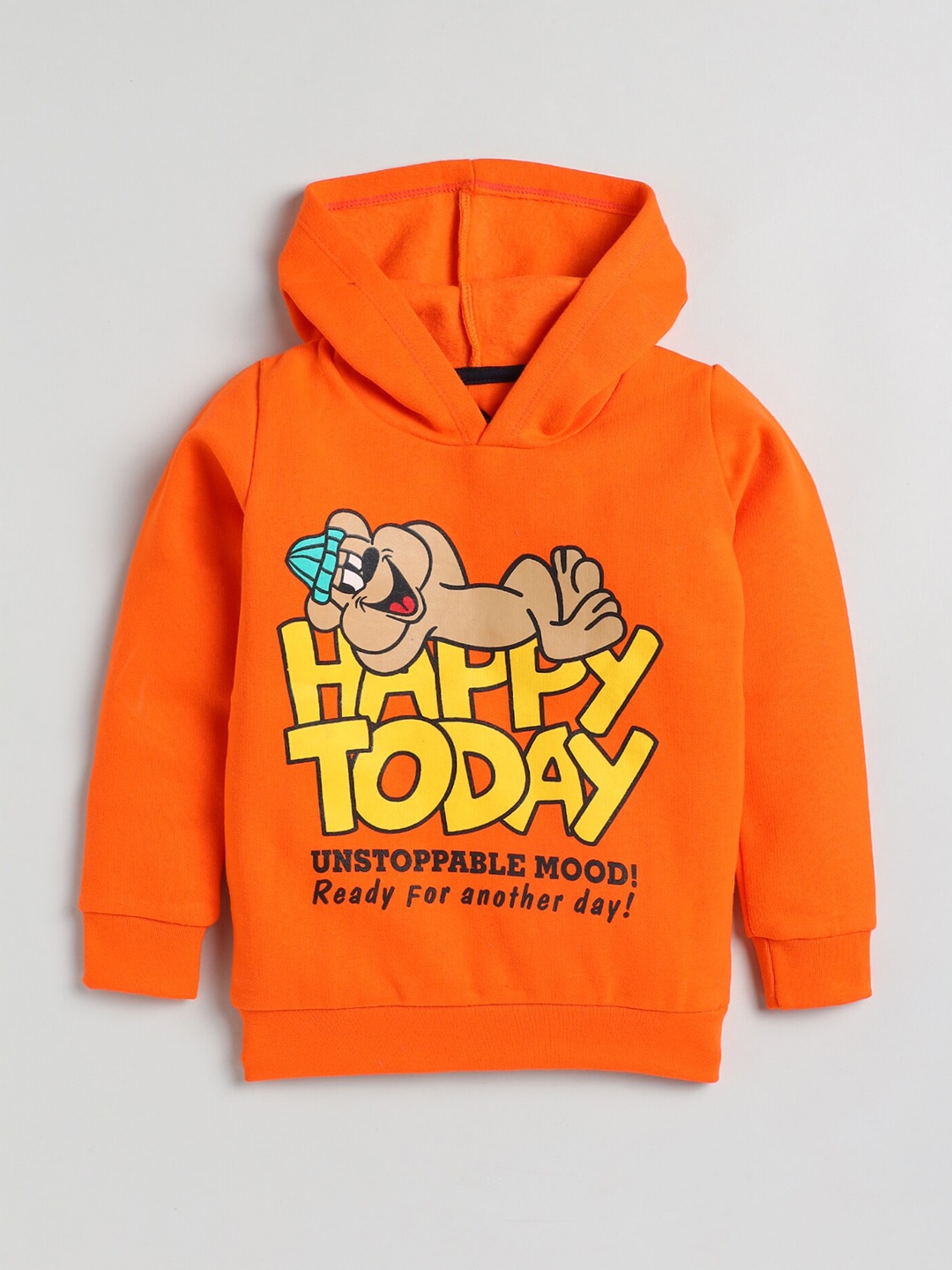 

YK Boys Orange Bear & Typography Printed Hooded Fleece Sweatshirt
