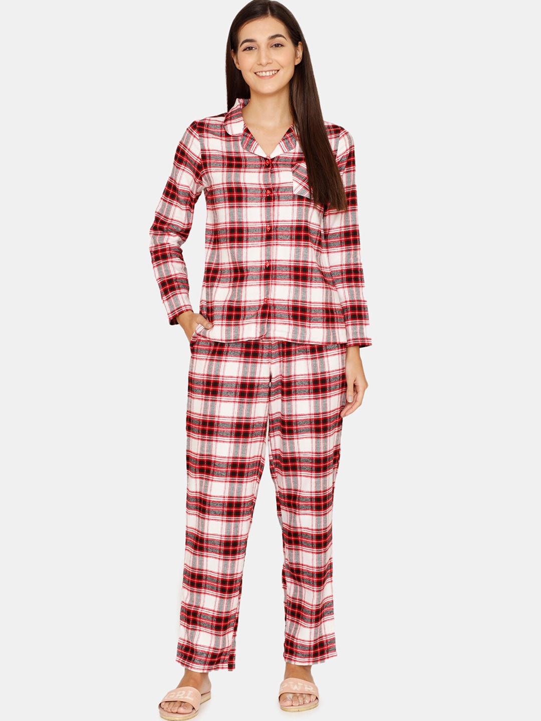 

Zivame Women Red & White Checked Cotton Night suit ZI62S2FASH00RED