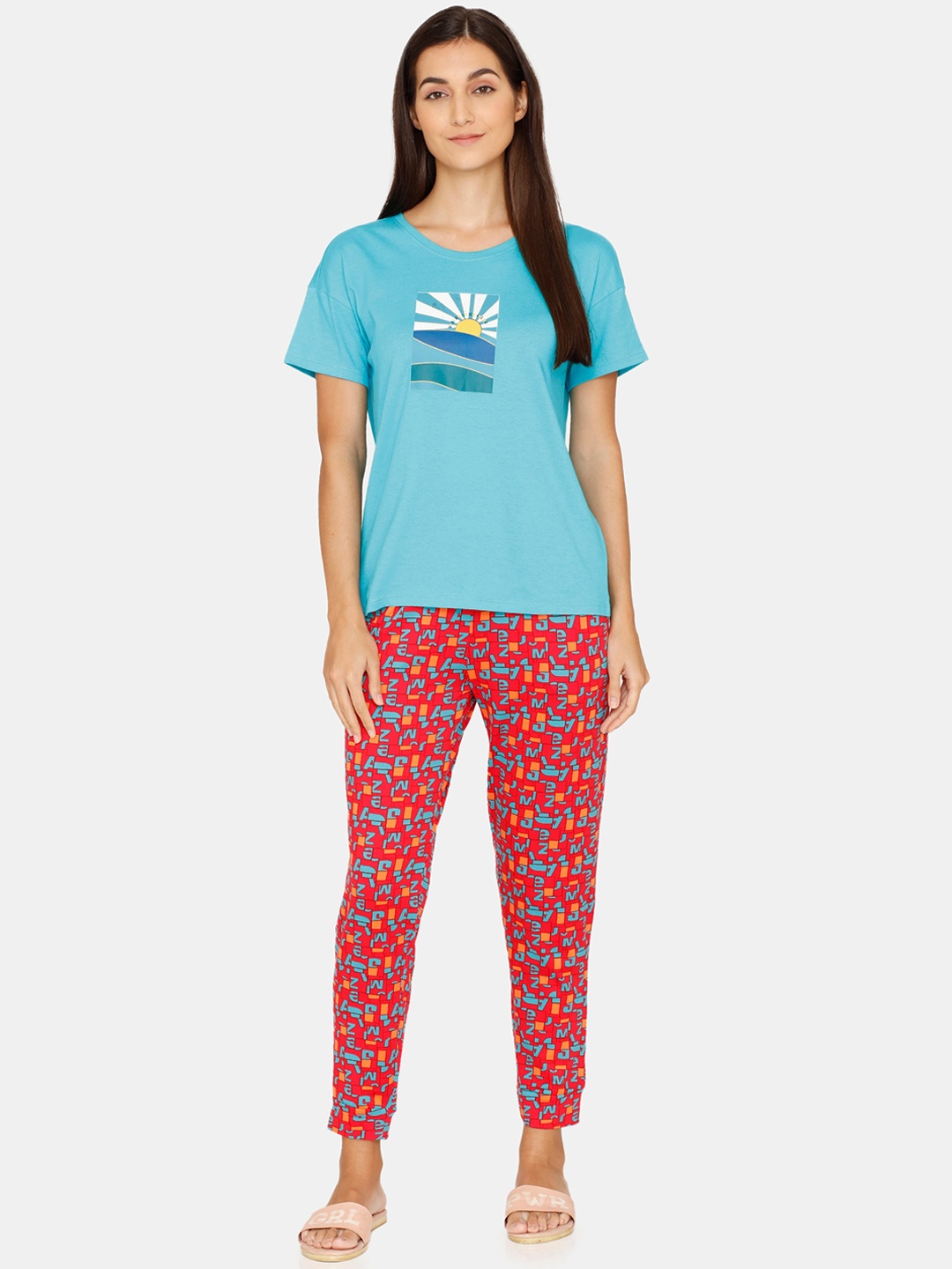 

Zivame Women Red & Blue Printed Night suit