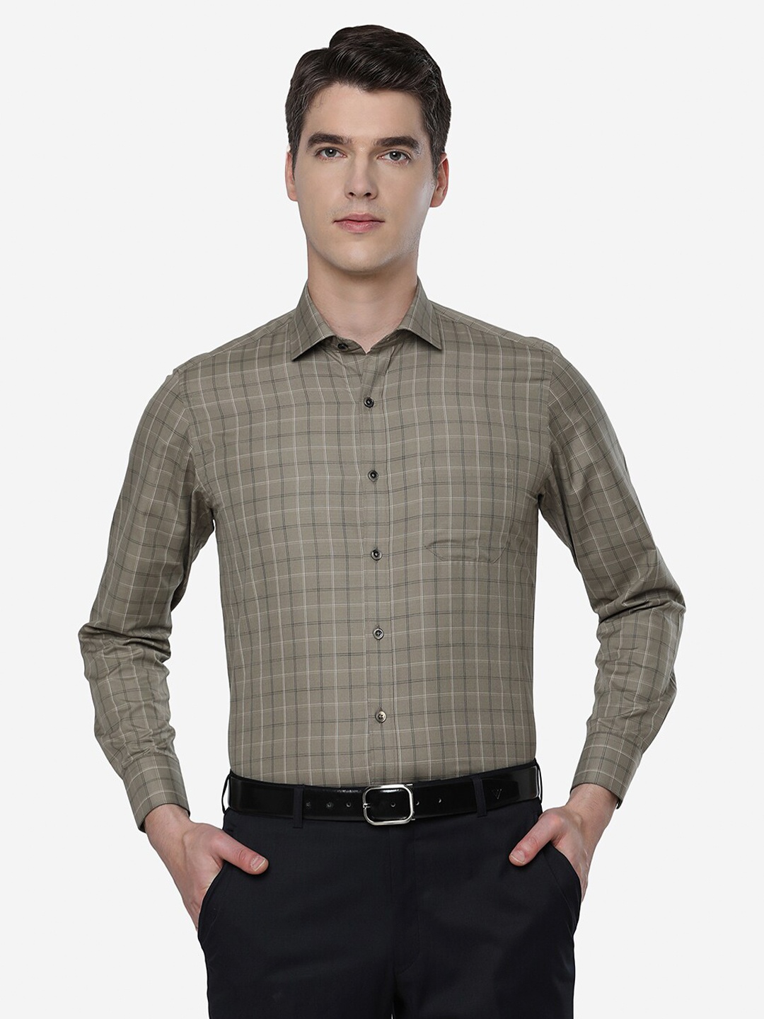 

Greenfibre Men Slim Fit Grid Tattersall Checked Cotton Casual Shirt, Grey