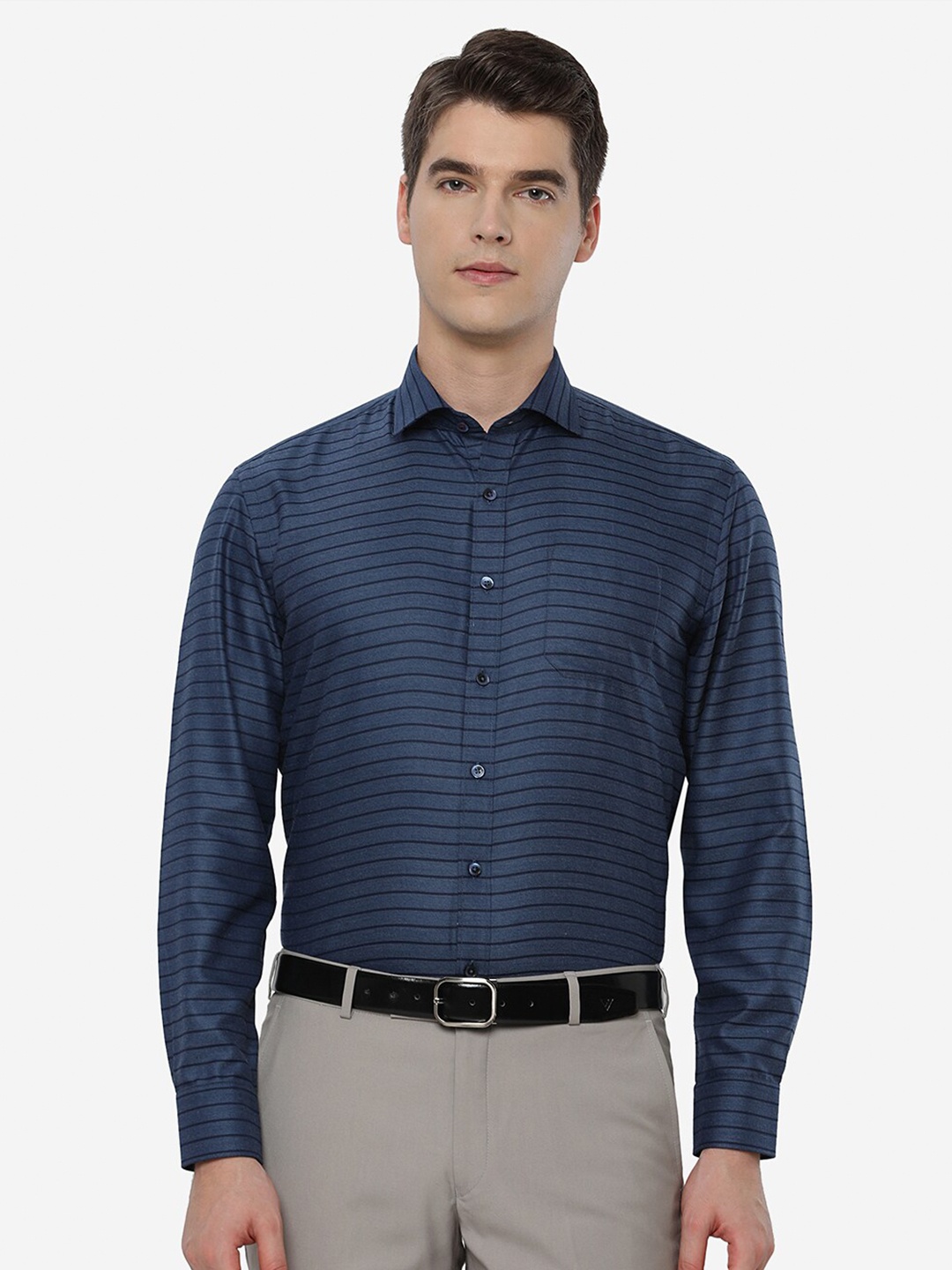 

Greenfibre Men Regular Fit Horizontal Striped Cotton Formal Shirt, Blue