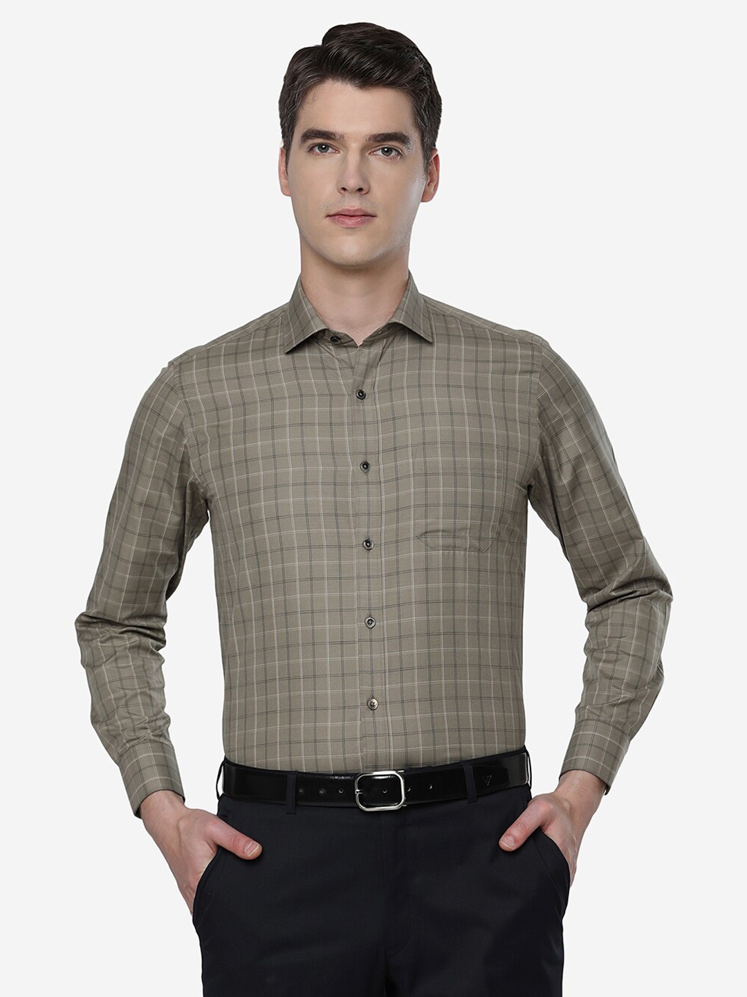 

Greenfibre Men Slim Fit Grid Tattersall Checked Cotton Casual Shirt, Grey