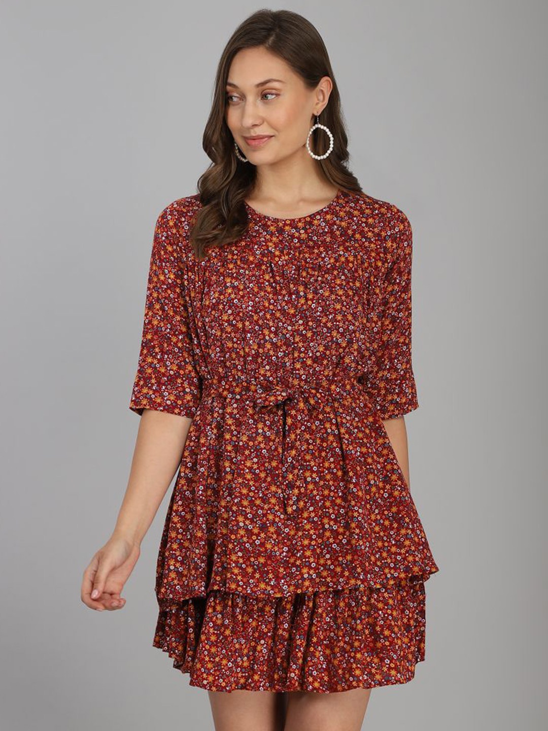 

B4ME COM Camel Brown Floral Print Dress