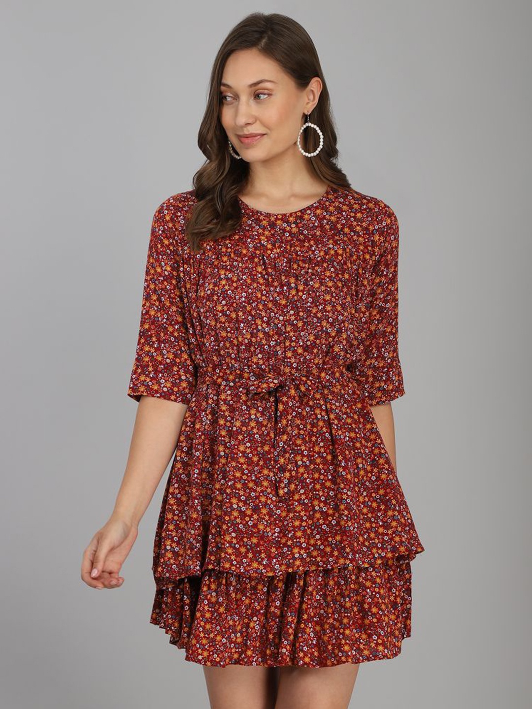 

B4ME COM Women Camel Brown & Yellow Floral Blouson Dress