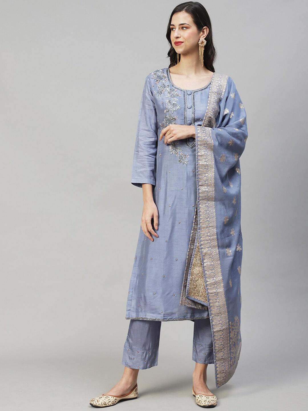 

FASHOR Women Blue Floral Embroidered Beads and Stones Kurta with Trousers & With Dupatta