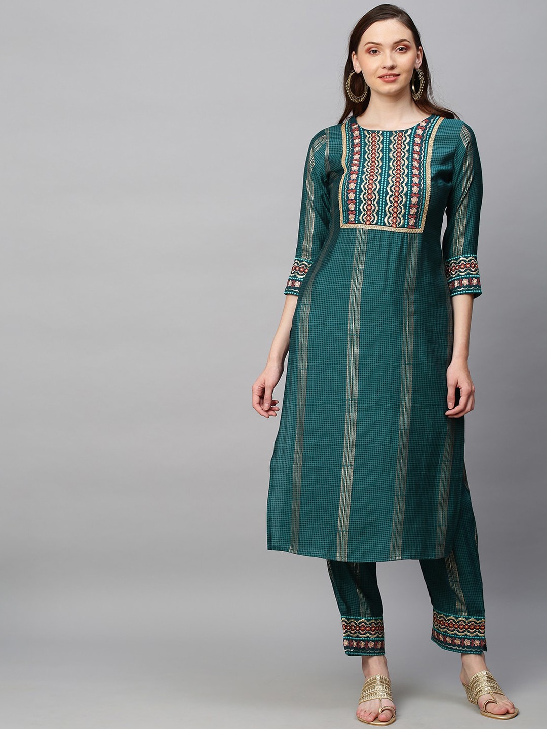 

FASHOR Women Teal Ethnic Motifs Yoke Design Pure Cotton Kurta with Trousers