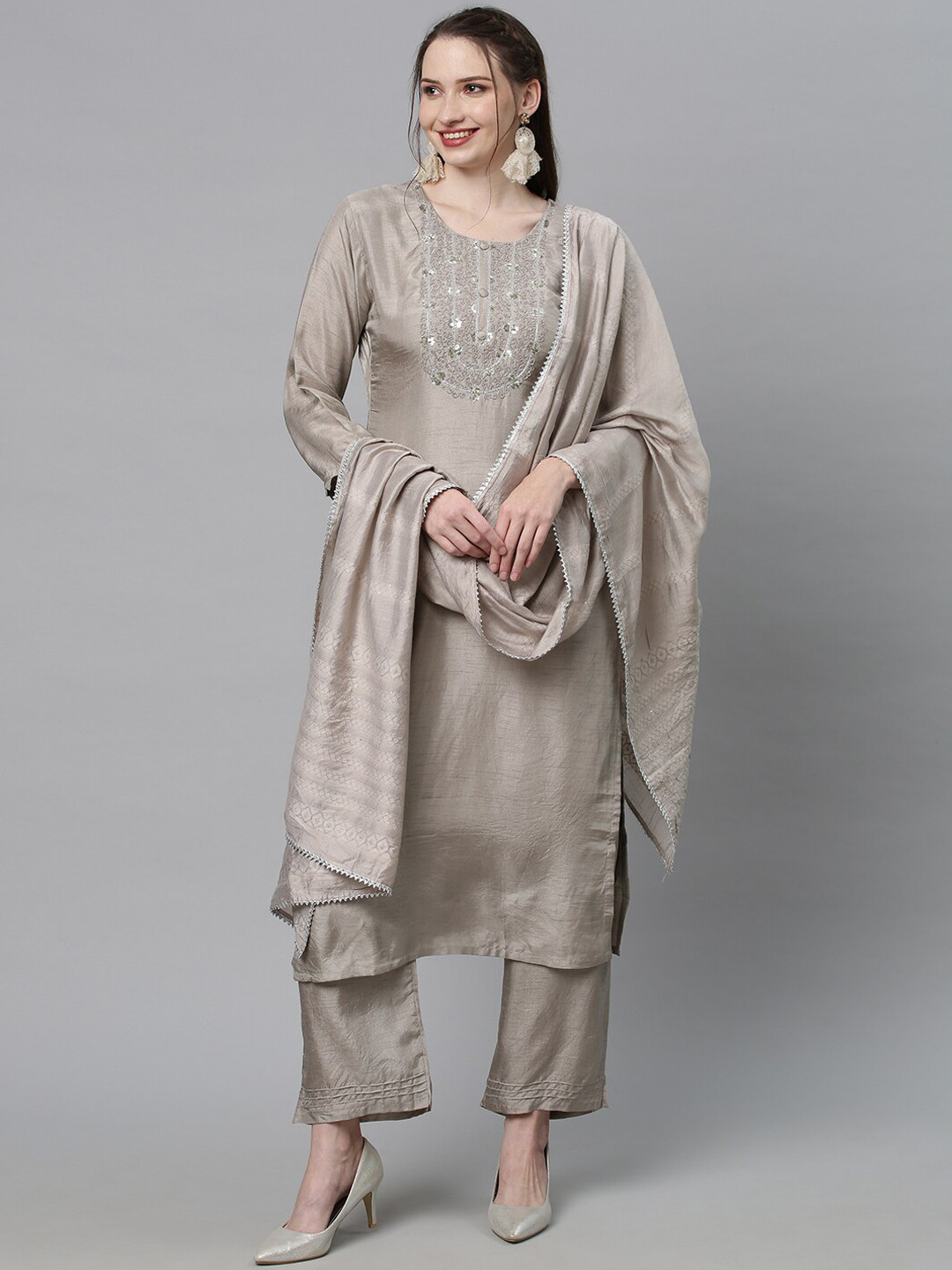 

FASHOR Women Taupe Ethnic Motifs Embroidered Sequinned Kurta with Trousers & With Dupatta