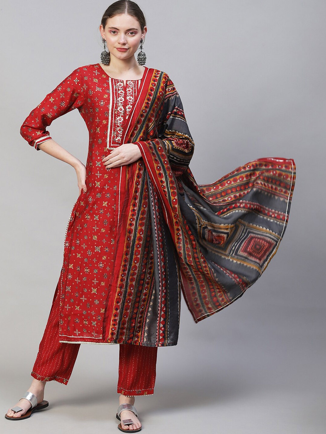 

FASHOR Women Red Ethnic Motifs Printed Kurta with Trousers & With Dupatta