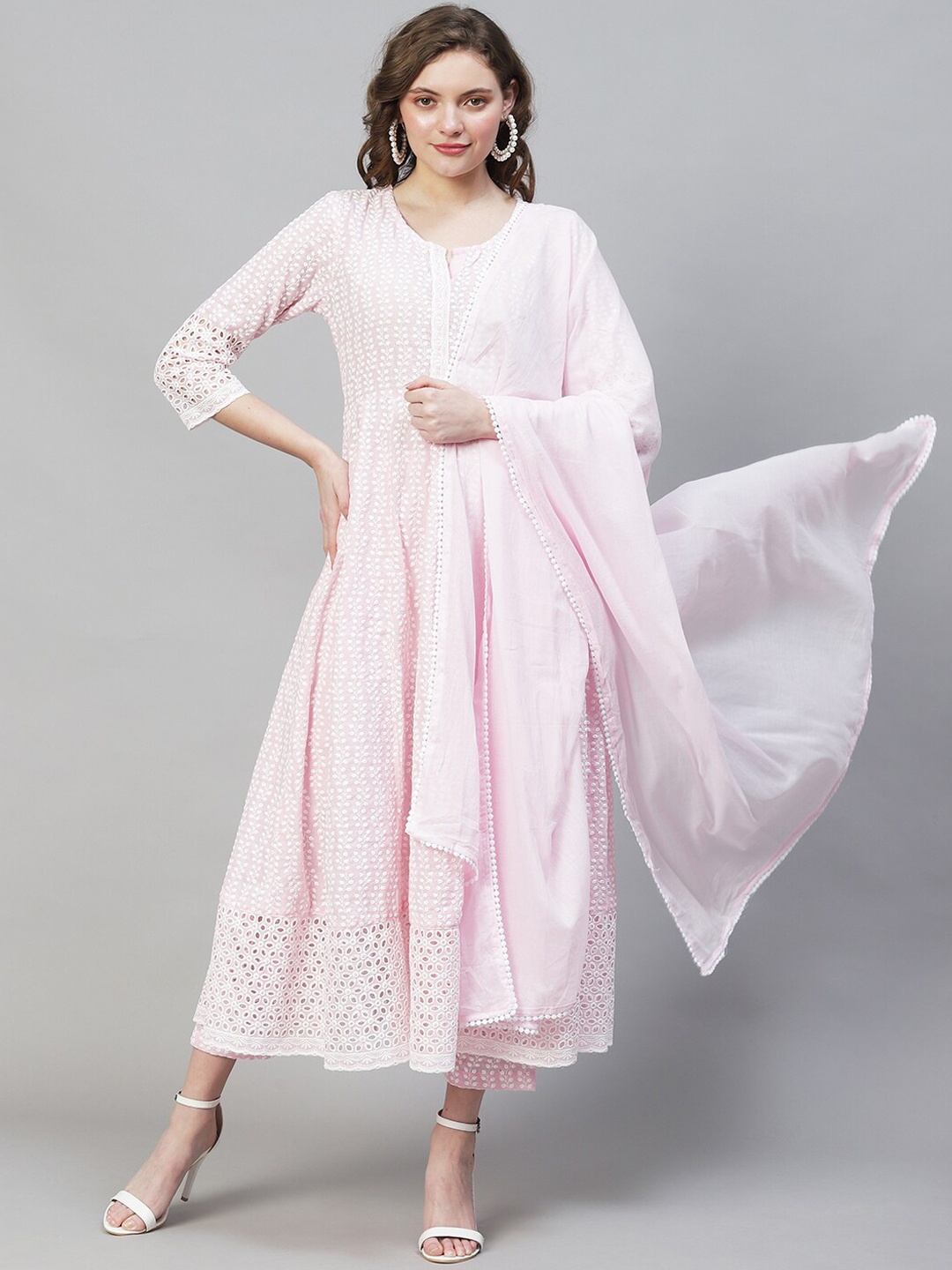 

FASHOR Women Pink Floral Embroidered Layered Chikankari Pure Cotton Kurta with Trousers & With Dupatta