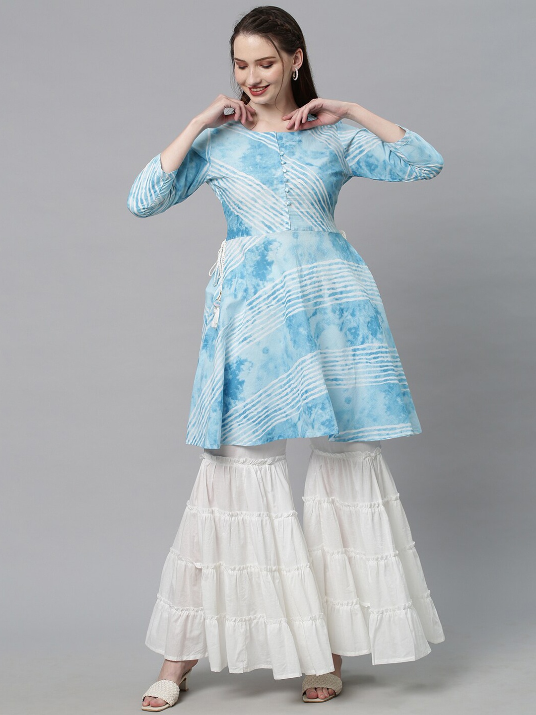 

FASHOR Women Blue Leheriya Printed Empire Pure Cotton Kurta with Sharara
