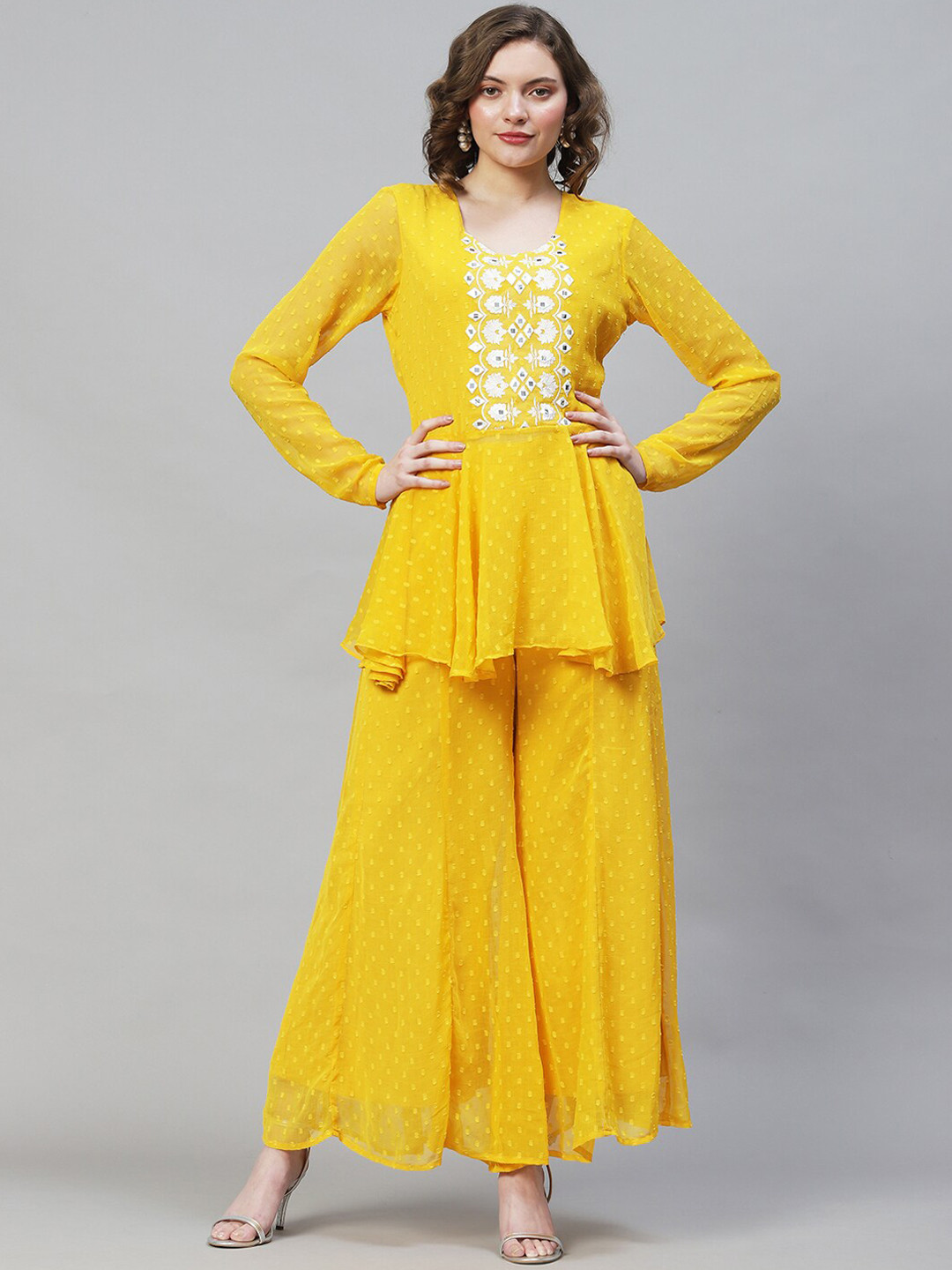 

FASHOR Women Yellow Floral Embroidered Co-ords Set