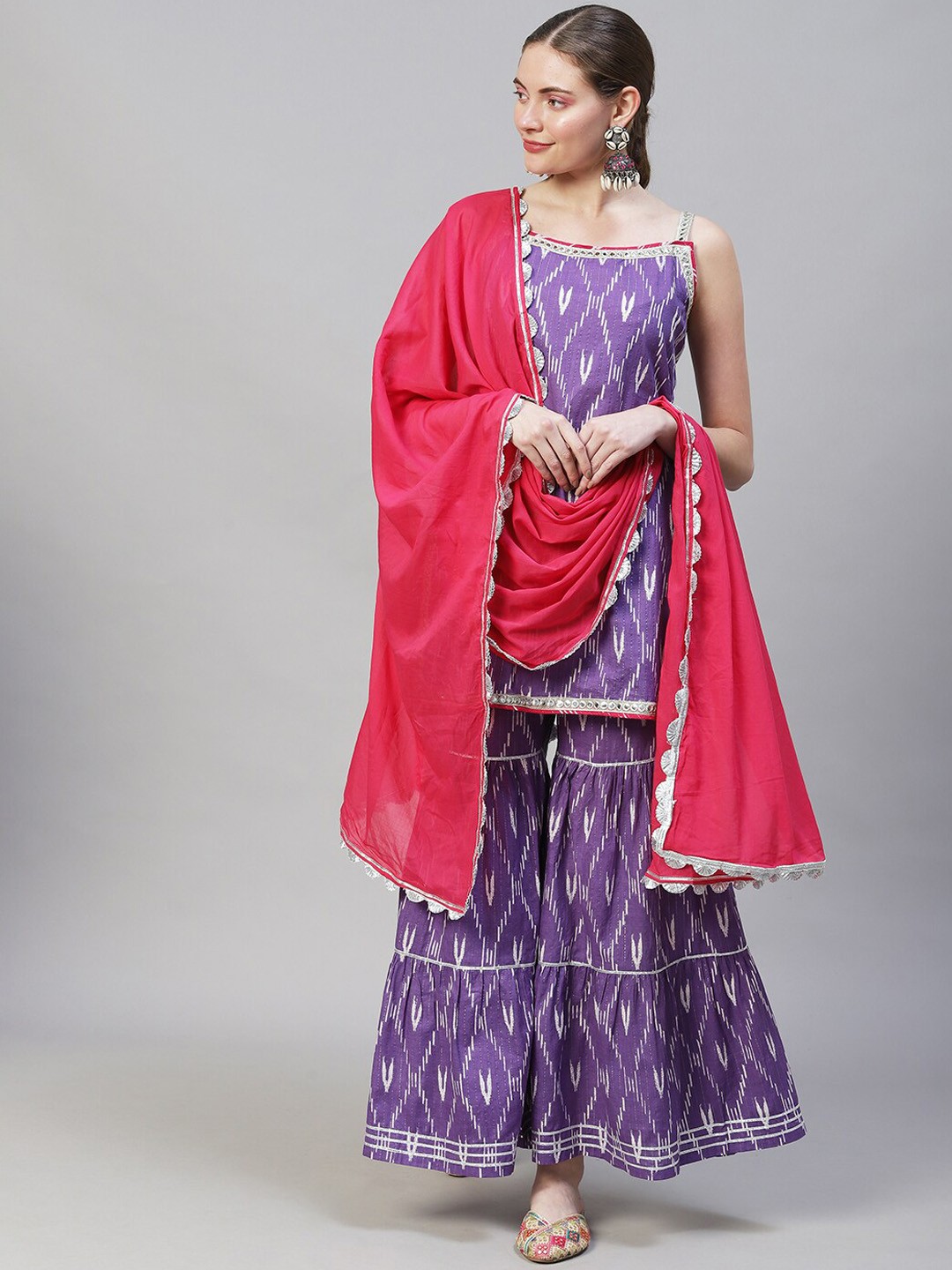 

FASHOR Women Purple Ethnic Motifs Printed Pure Cotton Kurta with Sharara & With Dupatta