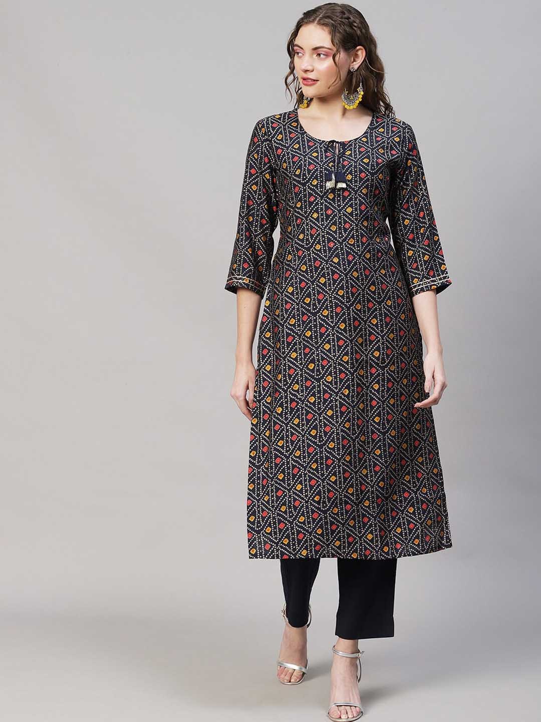 

FASHOR Women Navy Blue Bandhani Printed Straight Kurta with Trouser