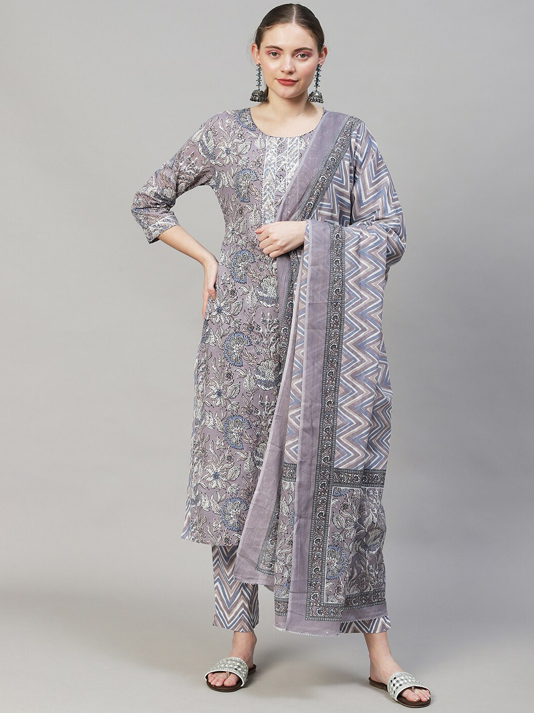 

FASHOR Women Purple Floral Printed Pure Cotton Kurta with Trousers & With Dupatta