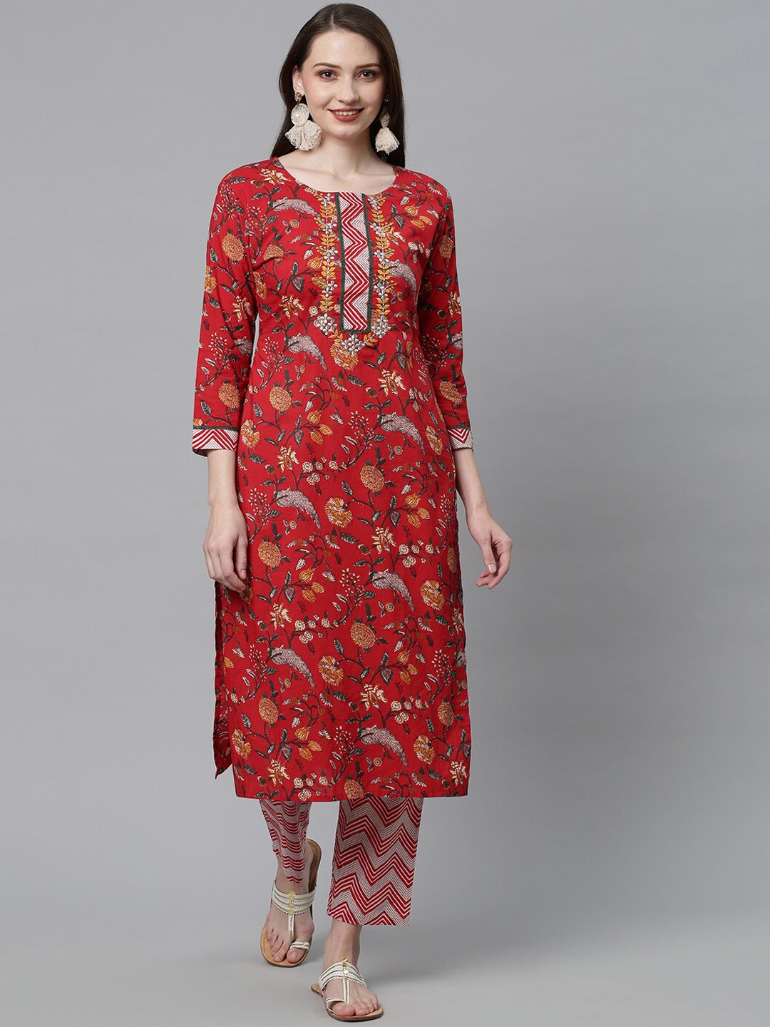 

FASHOR Women Red Floral Printed Pure Cotton Kurta with Trousers