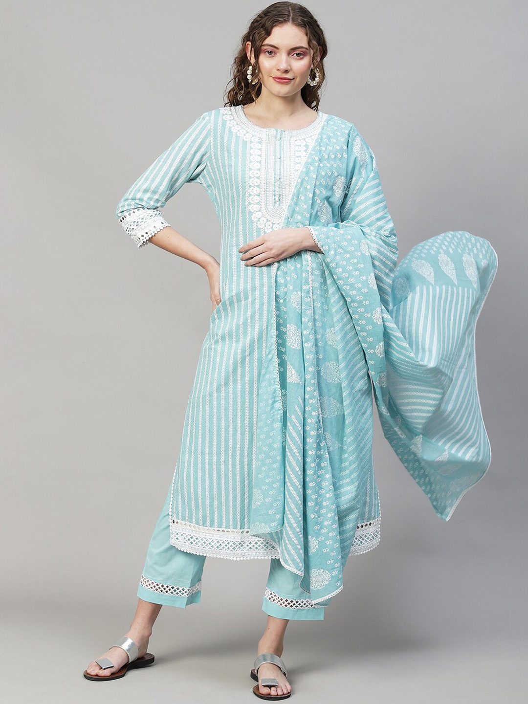 

FASHOR Women Blue Ethnic Motifs Yoke Design Pure Cotton Kurta with Trousers & With Dupatta