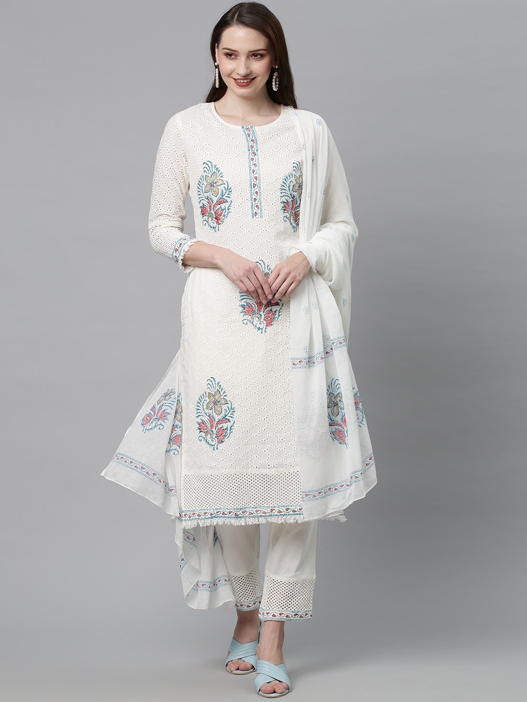 

FASHOR Women Off White Ethnic Motifs Pure Cotton Kurta with Trousers & With Dupatta