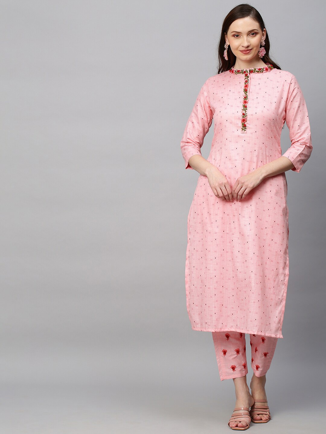 

FASHOR Women Pink Ethnic Motifs Printed Pure Cotton Kurta with Trousers