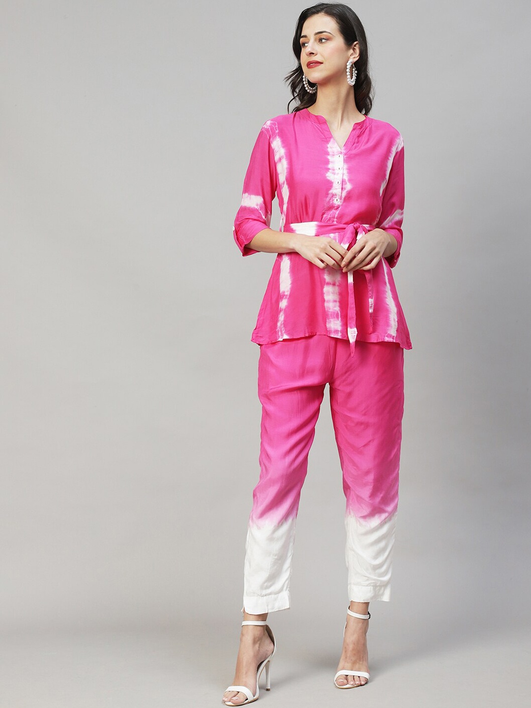 

FASHOR Women Pink & White Tie and Dyed Co-ord Set