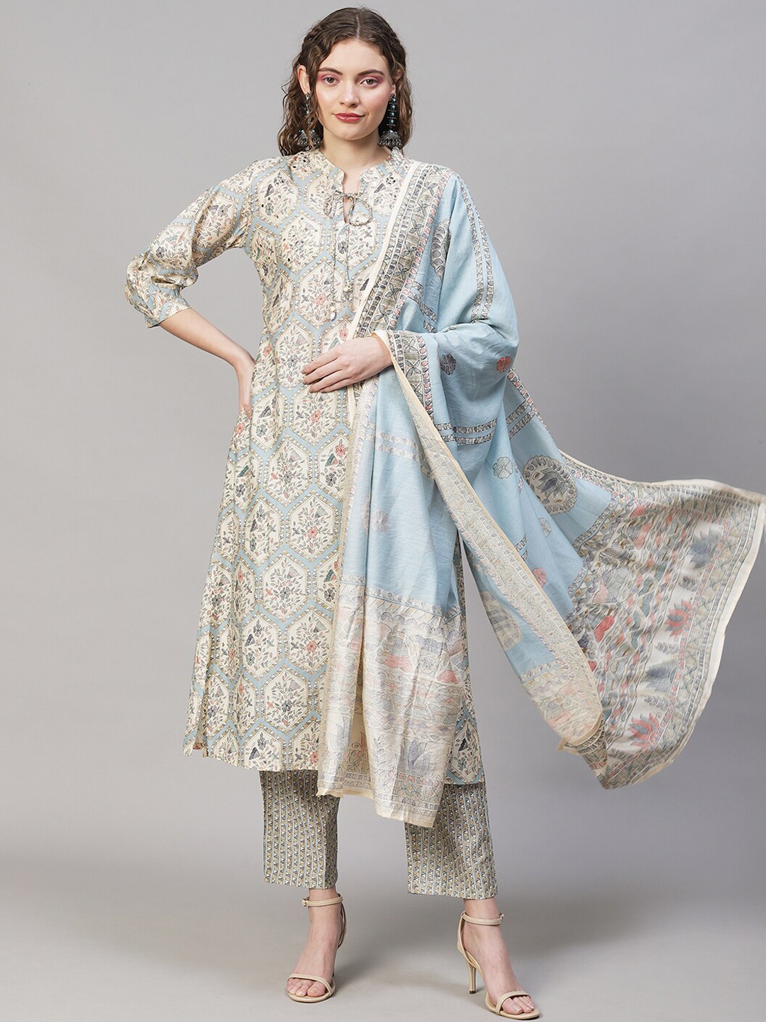 

FASHOR Women Blue Ethnic Motifs Printed Kurta & Trousers With Dupatta