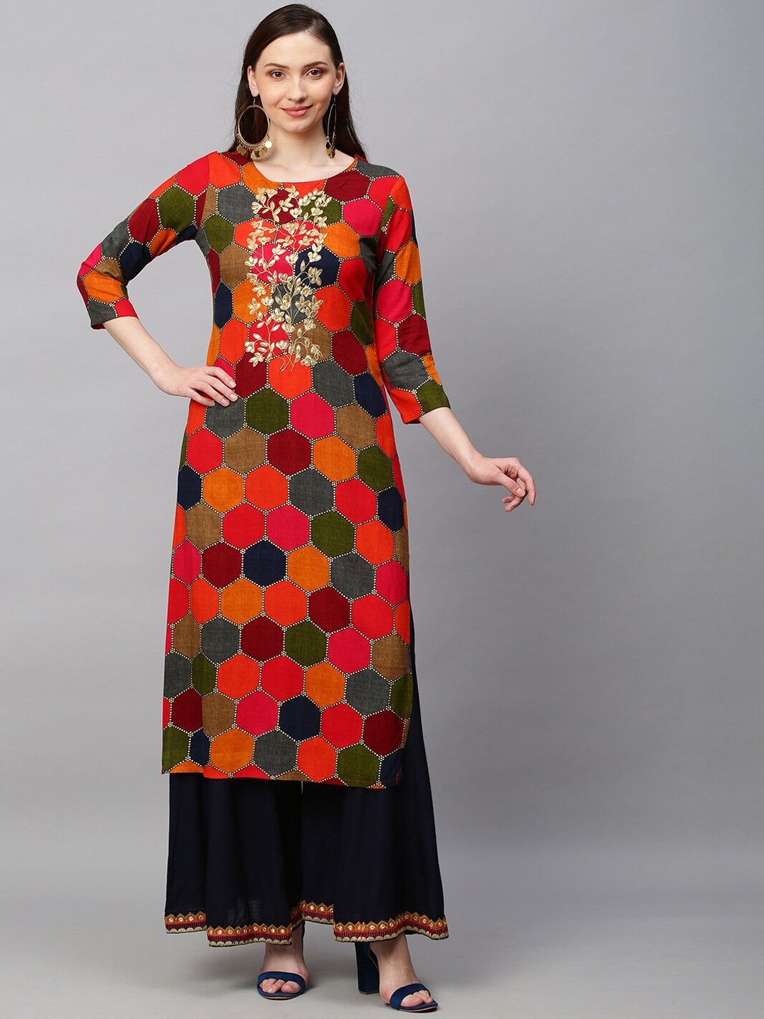 

FASHOR Women Multicolor Embroidered Straight Kurta with Palazzo, Multi