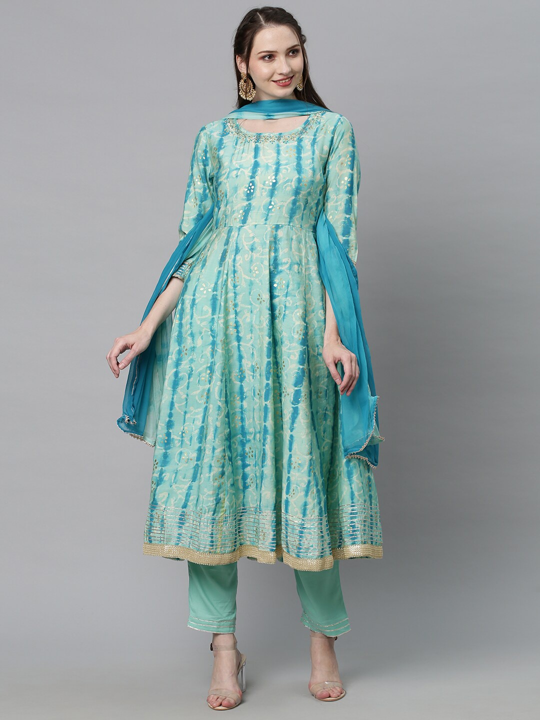 

FASHOR Women Green Ethnic Motifs Embroidered Anarkali Kurta with Trousers & With Dupatta