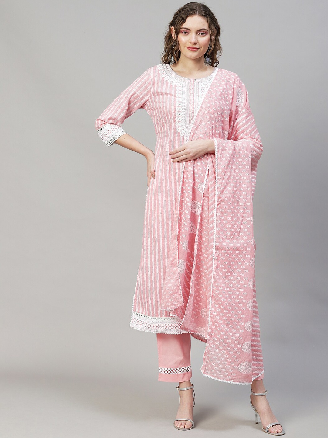 

FASHOR Women Pink Ethnic Motifs Printed Pure Cotton Kurta with Trousers & With Dupatta