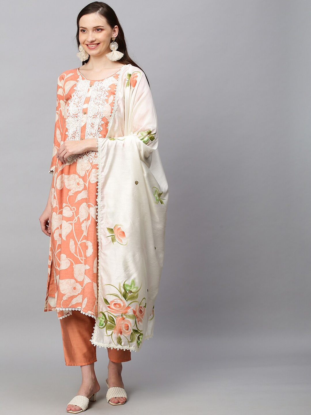 

FASHOR Women Peach Floral Print Embroidered Yoke Design Kurta With Trouser And Dupatta