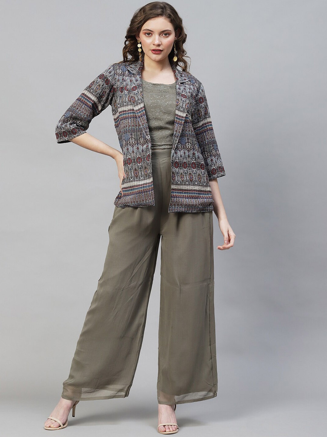 

FASHOR Olive Green Embroidered 3 Piece Co-ords Set