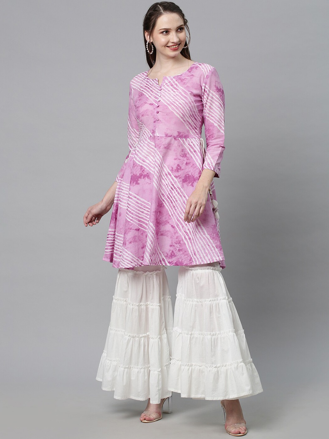 

FASHOR Women Purple Leheriya Printed Pleated Pure Cotton Kurta with Sharara