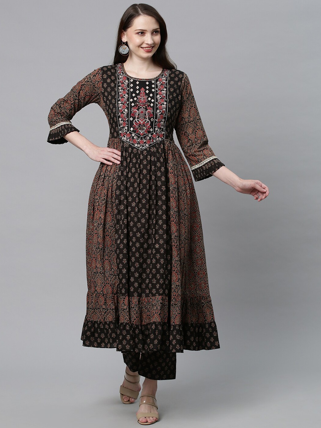 

FASHOR Women Brown Ethnic Motifs Printed Pure Cotton Kurta with Trousers