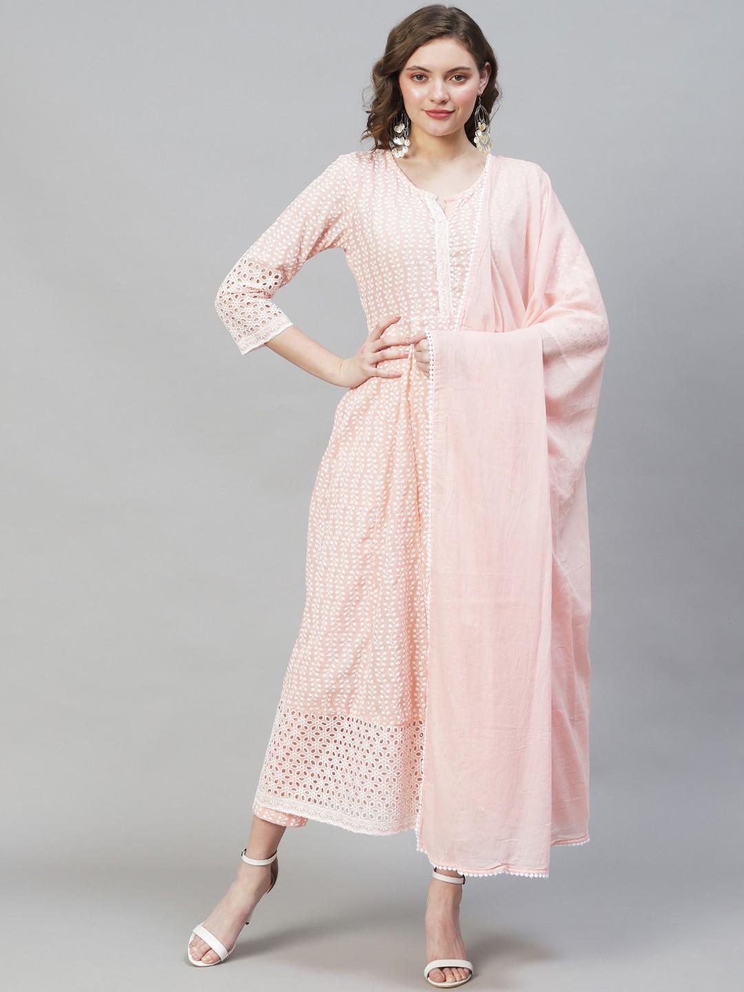 

FASHOR Women Peach-Colored Floral Chikankari Pure Cotton Kurta with Trousers & Dupatta