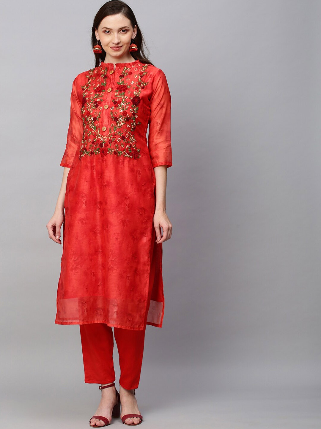 

FASHOR Women Red Floral Embroidered Thread Work Chanderi Silk Kurta with Trouser