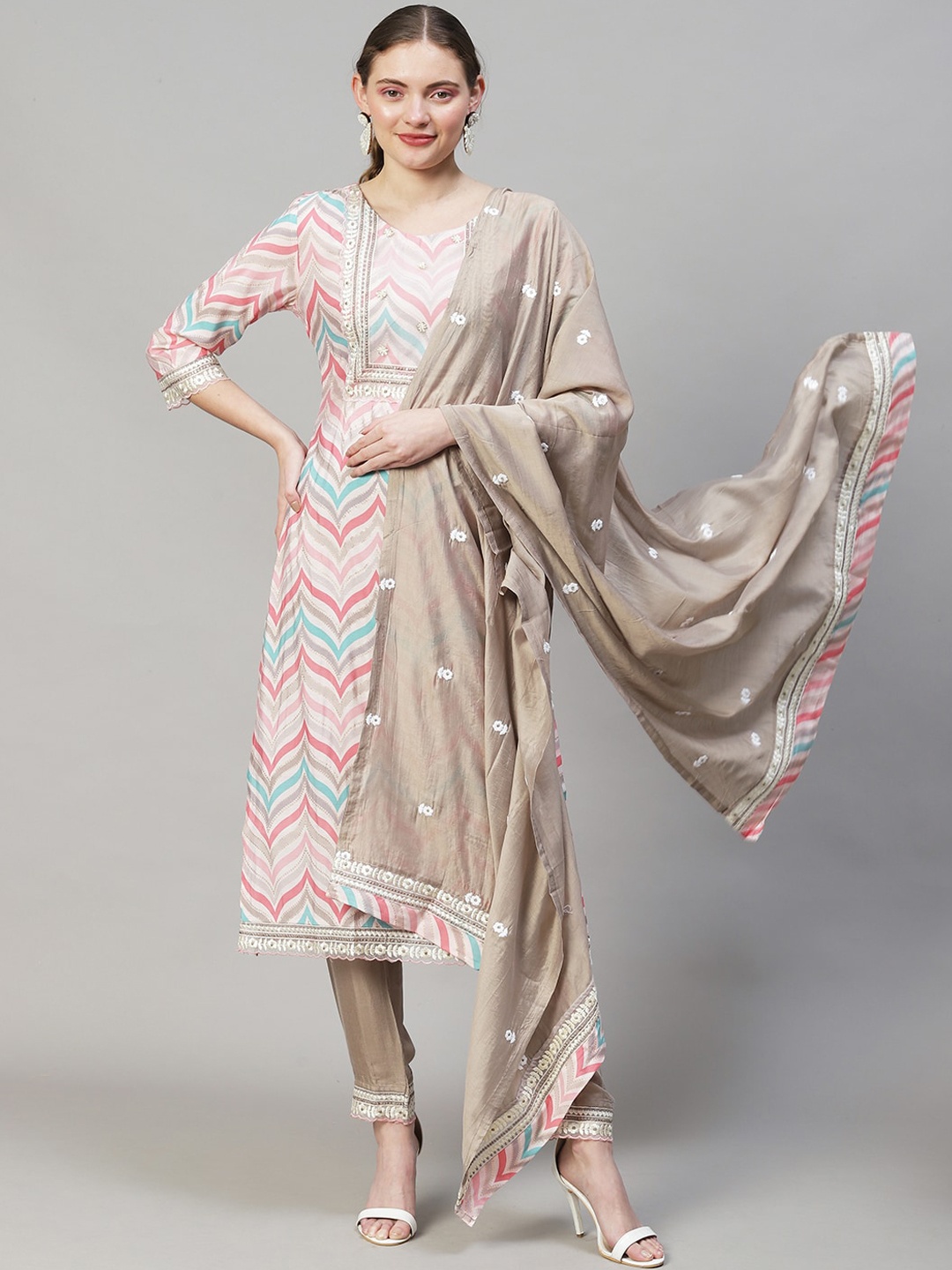 

FASHOR Women Pink Yoke Design Sequinned Kurta with Trousers & With Dupatta