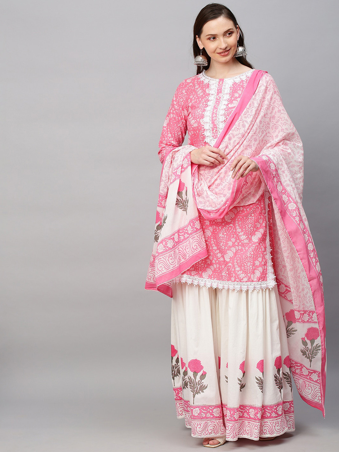 

FASHOR Women Pink Floral Printed Pure Cotton Kurta with Sharara & With Dupatta