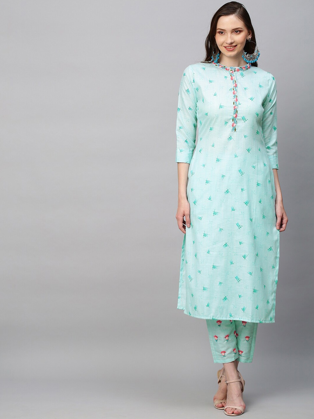 

FASHOR Women Blue Ethnic Motifs Printed Thread Work Pure Cotton Kurta with Trousers