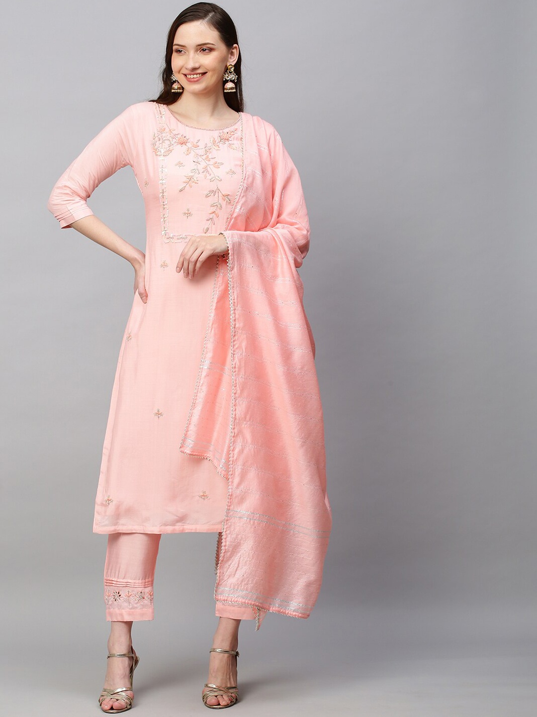 

FASHOR Women Pink Ethnic Motifs Embroidered Kurta with Trousers & With Dupatta